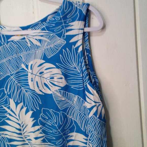 Makai Beach Hawaii Shirt Blouse Women L Sleeveless Tropical Leaves Blue White - Picture 6 of 16